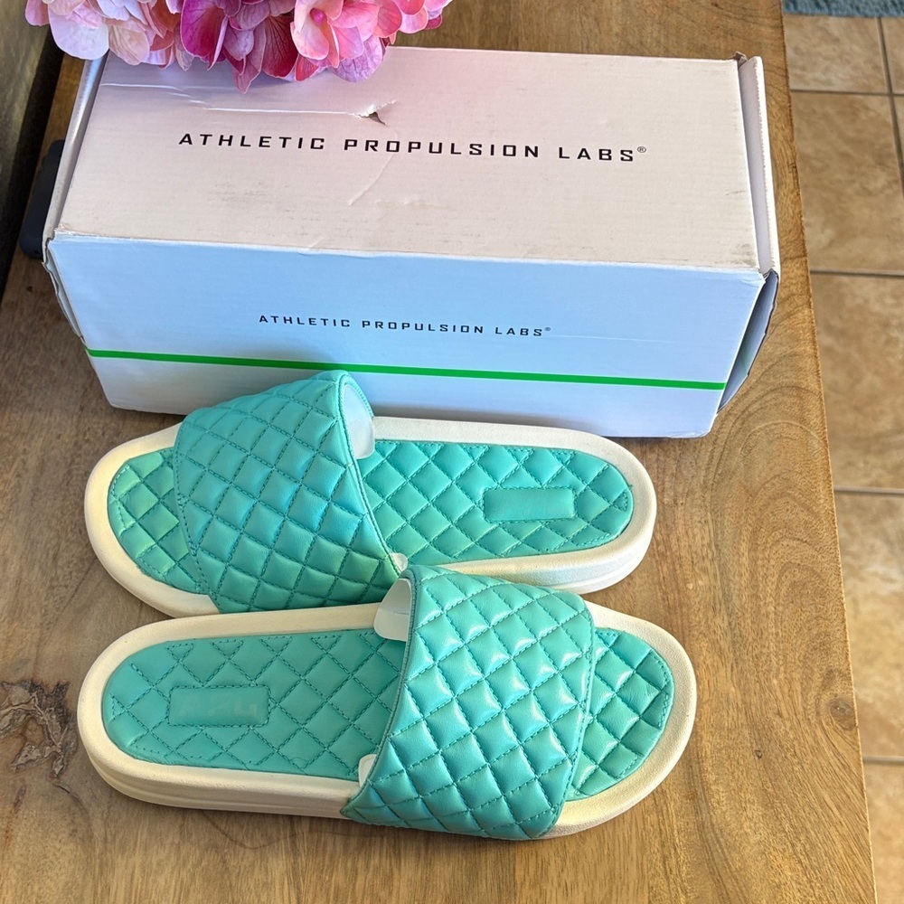 APL Quilted leather Slide Sandals in Aqua and White